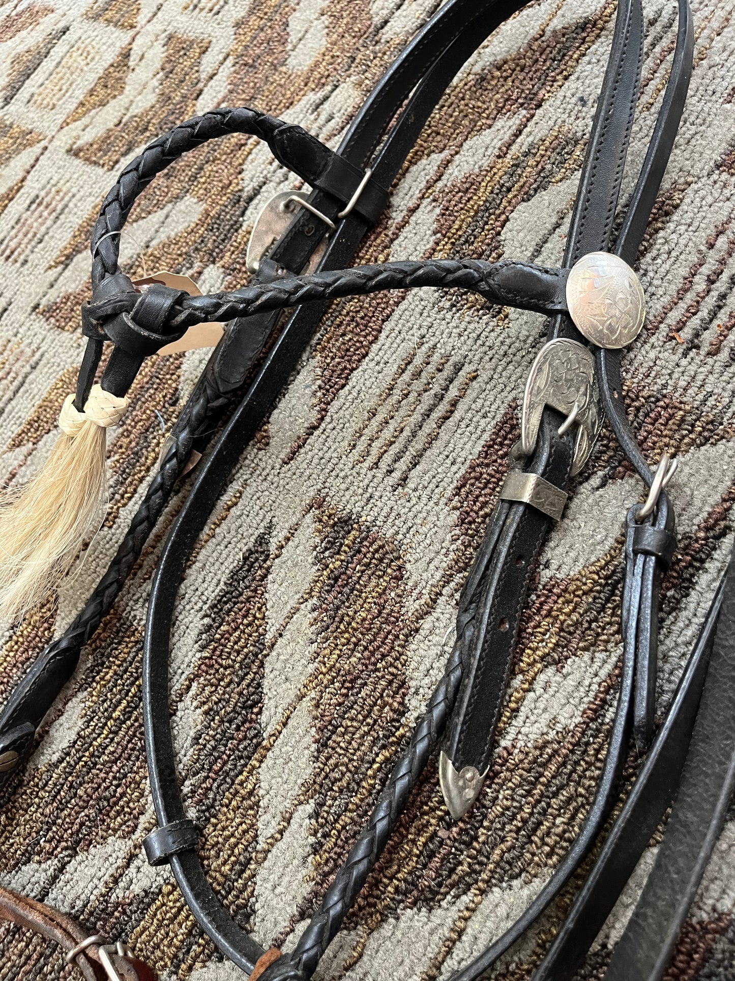 Braided Rolled Black Leather Bridle Set