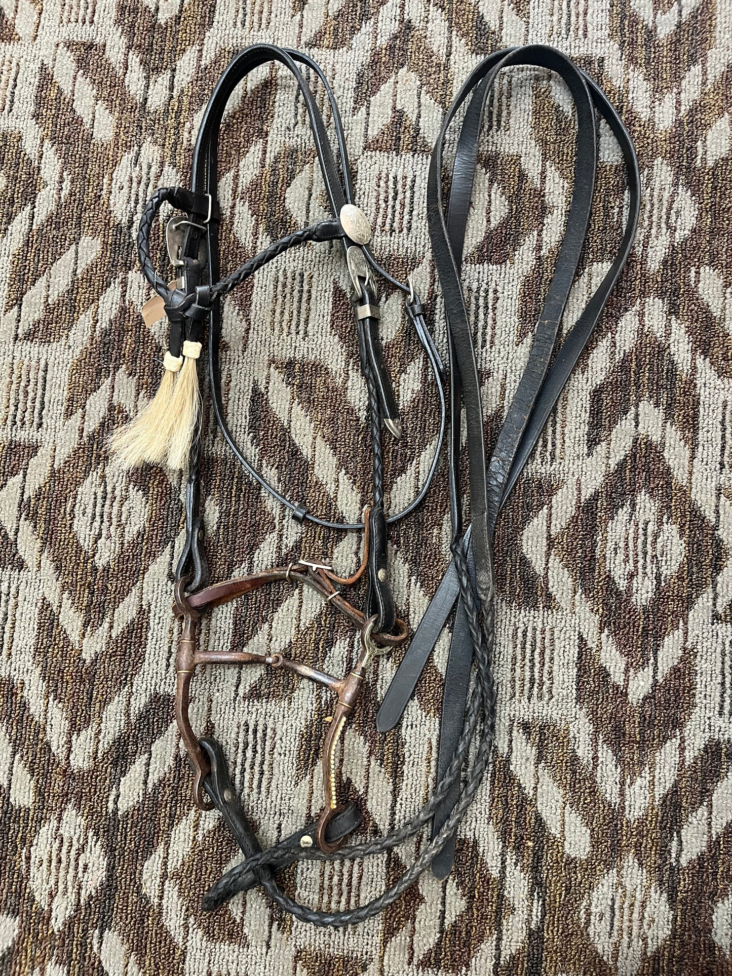 Braided Rolled Black Leather Bridle Set