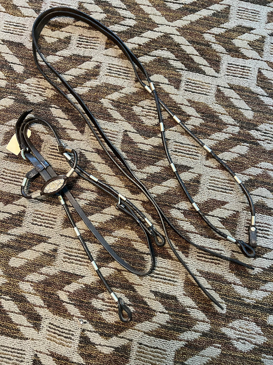 Brown Rolled Silver Bridle w/ Matching Reins